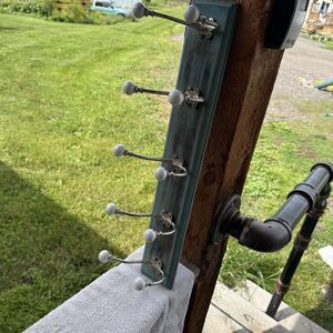 HomeGoods 5 Hook Wall Coat Rack Teal Distressed Wood White Ceramic Knobs Decor